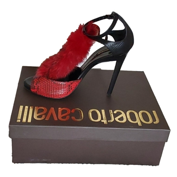 ROBERTO CAVALLI FIRE FLAME LEATHER FUR SANDAL SIZE 41/11 US - Picture 1 of 9